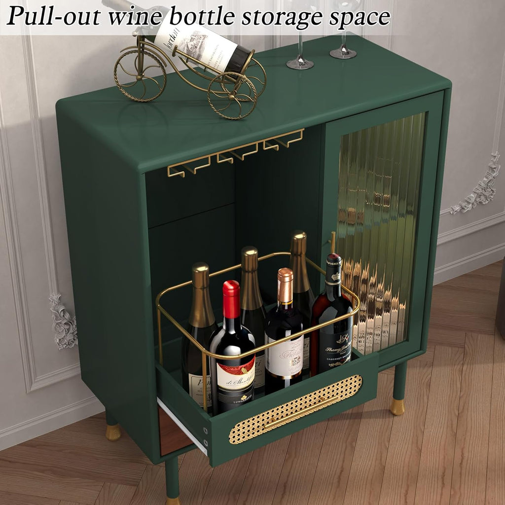 Modern Coffee Bar Cabinet with Pull-Out Wine Storage, Green | Bar Cart with Wine Glass Rack and Drawers, Liquor