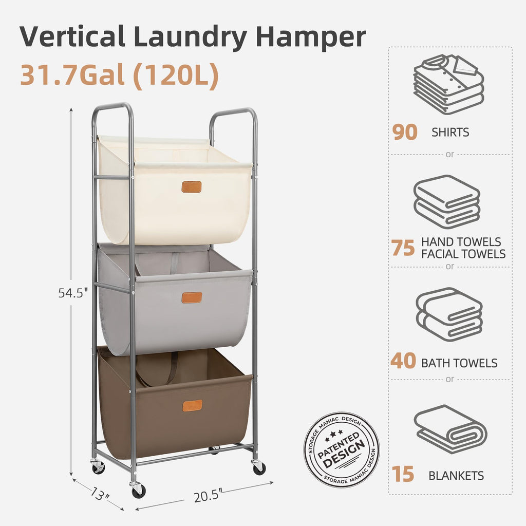 120 Liters Vertical Rolling Laundry Hamper, 3 Section Laundry Sorter with Wheels and 2 Breaks, 3-tier Laundry Baskets