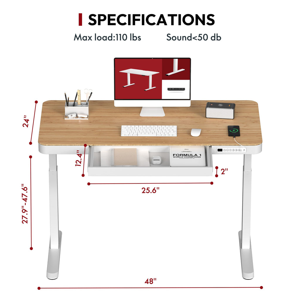 Standing Desk with Drawer, Electric Height Adjustable Home Office Desk with Storage & USB Ports, 48 inch Bamboo