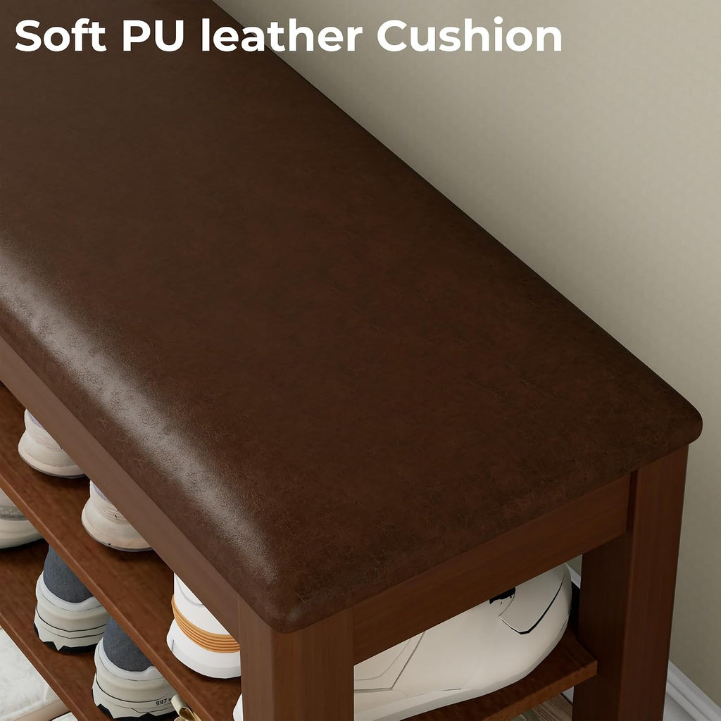 2-Tier Solid Wood Shoe Rack Bench with Flip-Top Storage | Entryway Bench with Cushion, Adjustable Shelf, Holds Up to