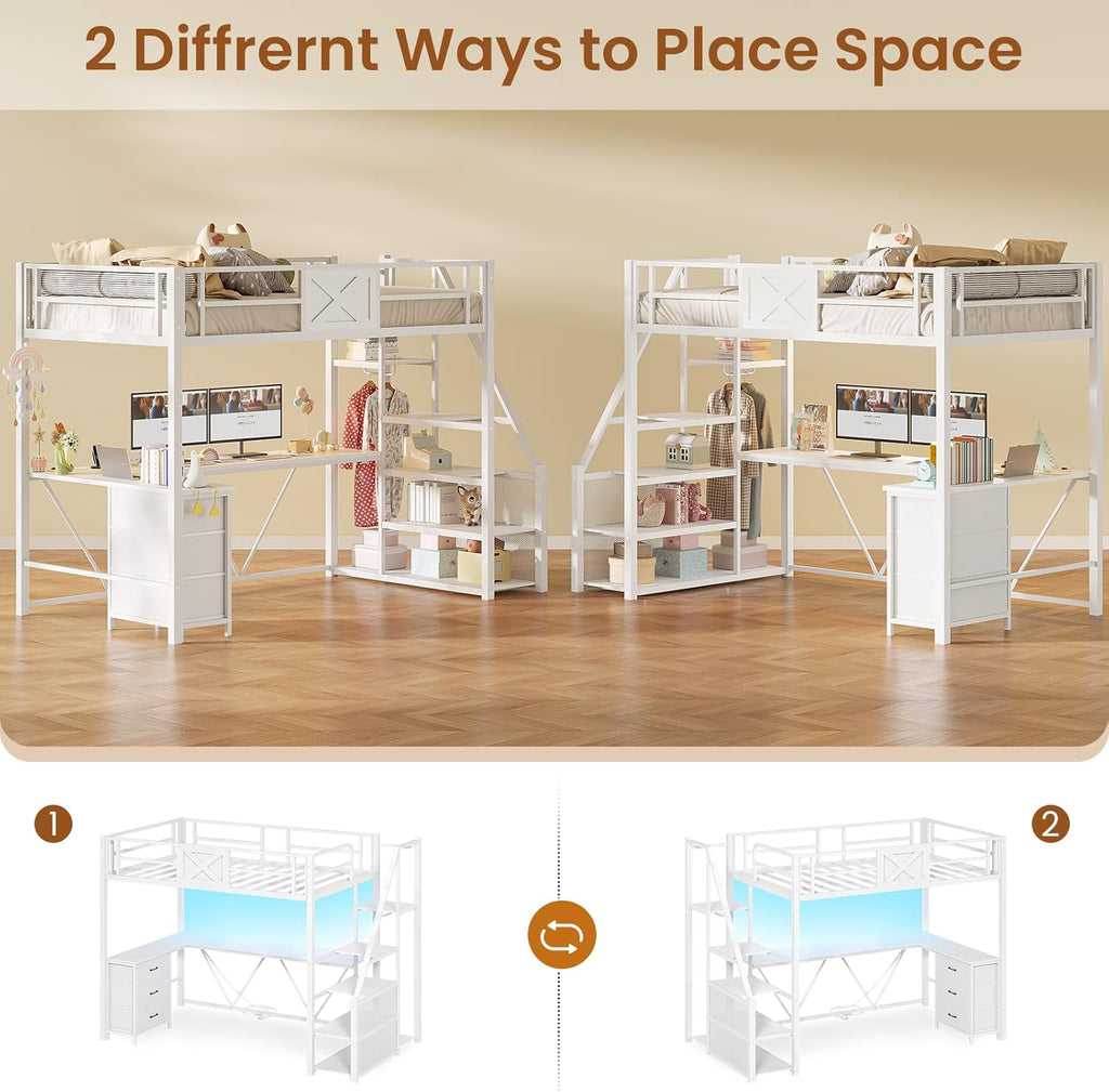 Stairway Twin Loft Bed with L Shaped Desk and Wardrobe, Metal Loft Bed Frame with Stairs, 3 Fabric Drawers