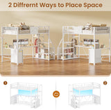 Stairway Twin Loft Bed with L Shaped Desk and Wardrobe, Metal Loft Bed Frame with Stairs, 3 Fabric Drawers