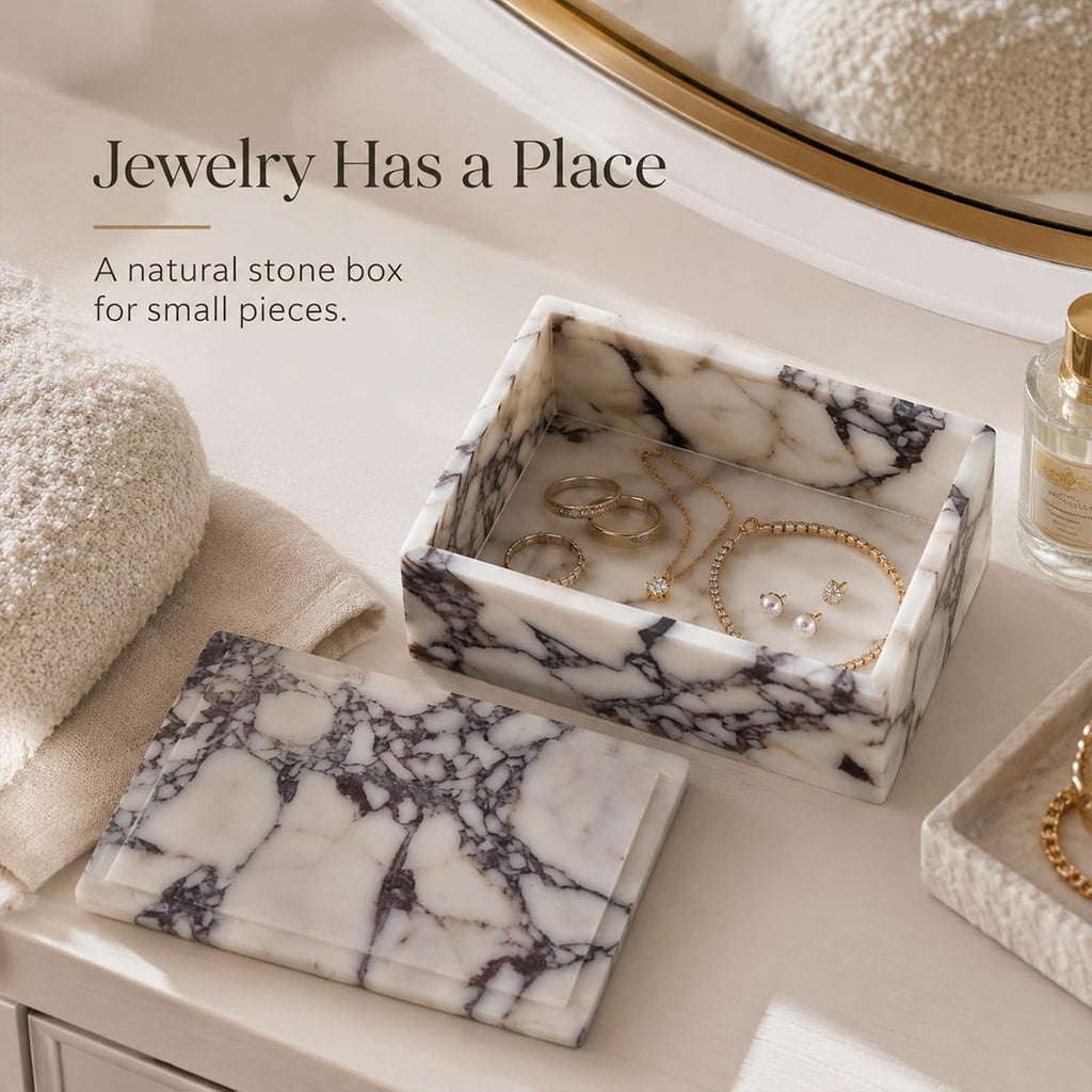 Natural Marble Rectangle Jewelry Box with Lid, 7.87