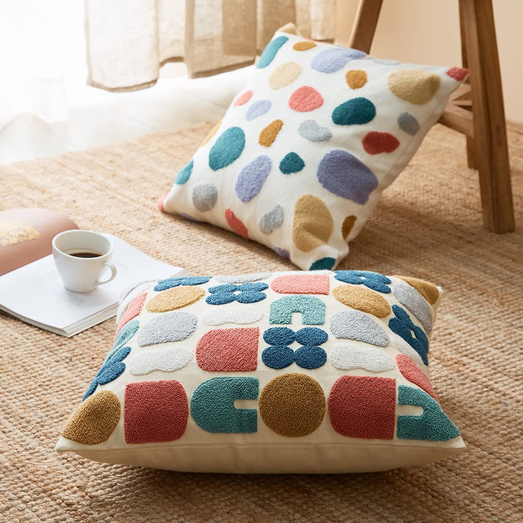 Boho Geometric Tufted Decorative Throw Pillow Cover Farmhouse Cotton Embroidery Accent Square Cushion Case for Couch