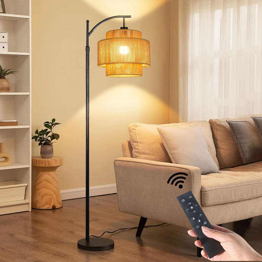 Rattan Floor Lamp Bedroom Boho Arc Standing Lamp with Remote Dimmable Black Farmhouse Wicker Bamboo Lamp Shade Floor