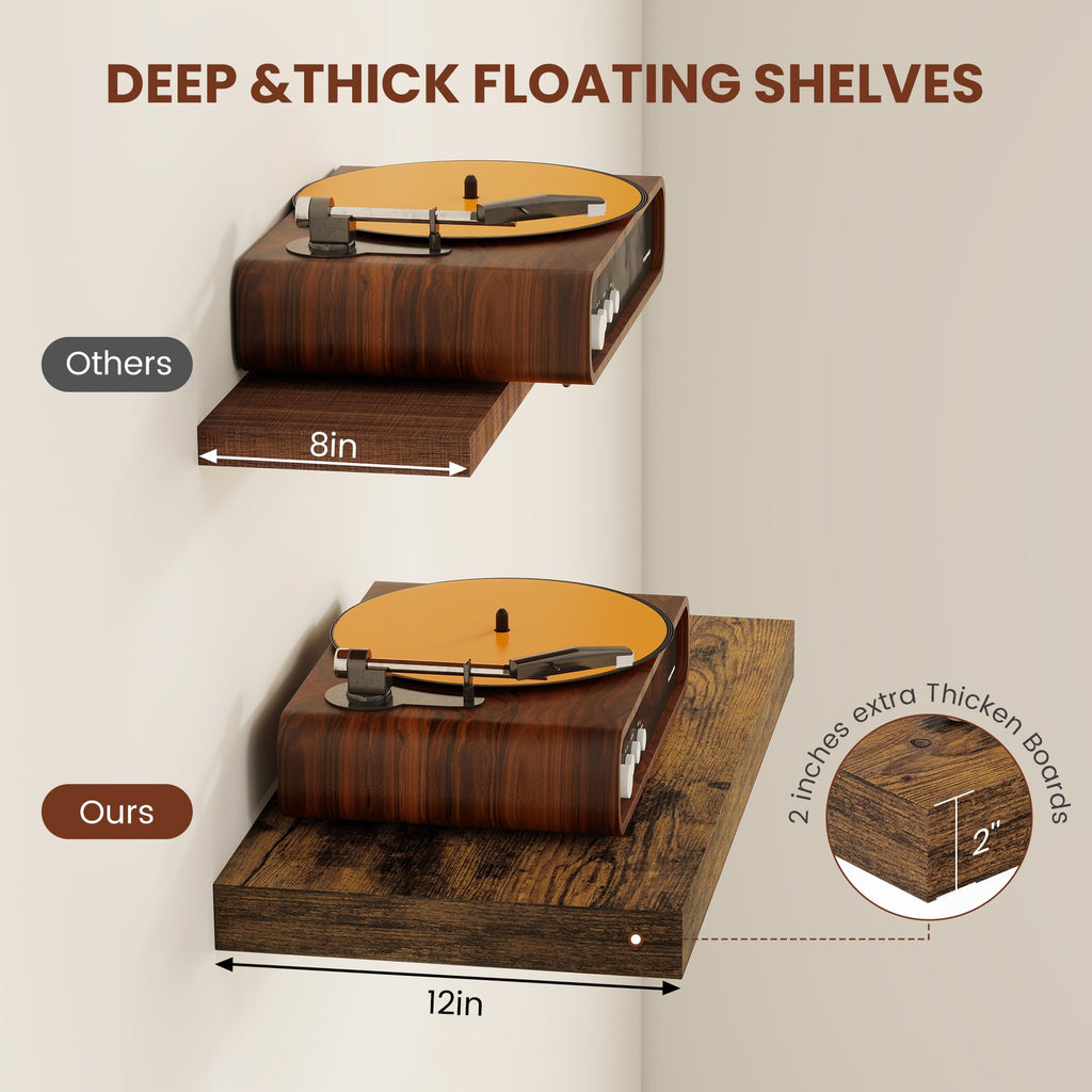 Square Floating Shelves 12x12" Set of 2, Rustic Brown