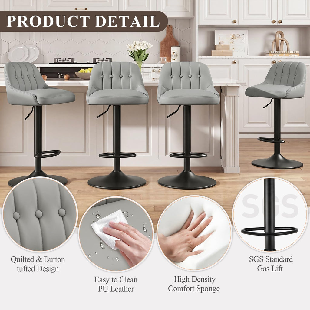 Bar Stools Set of 6, Swivel Bar Chairs, Modern Adjustable PU Leather Upholstered Barstools Counter Height with Tufted