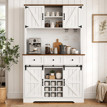 Farmhouse Coffee Bar Cabinet with Wine Rack, 72" Tall Kitchen Storage Cabinet with 3 Drawers, 9-Bottle Wine Holder, 6