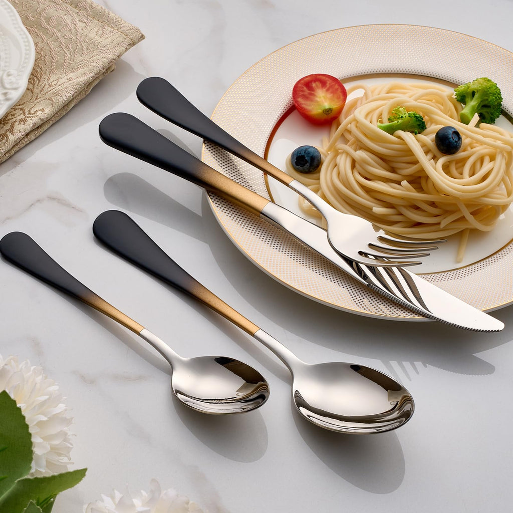 Colorful Silverware Set 20 Piece 18/0 Stainless Steel Flatware Black and Gold Handle Cutlery Set Service for 4 Fork