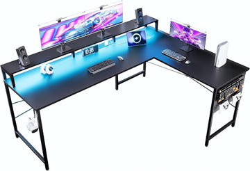 64 Inch L Shaped Gaming Desk with Monitor Stand and Power Outlets | Large Corner Computer Desk With Pegboard & Led