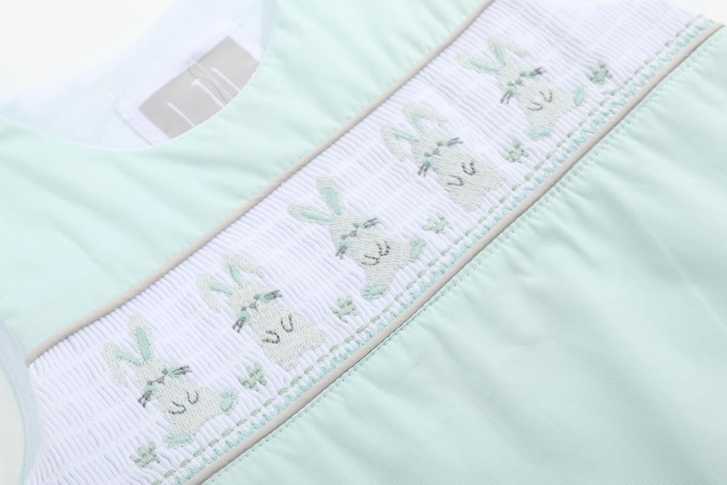 Baby Boys Bunny Smocked Shortalls, Cotton Jon Jon Romper - Spring Summer Toddler One Piece Outfit with Snaps Gift