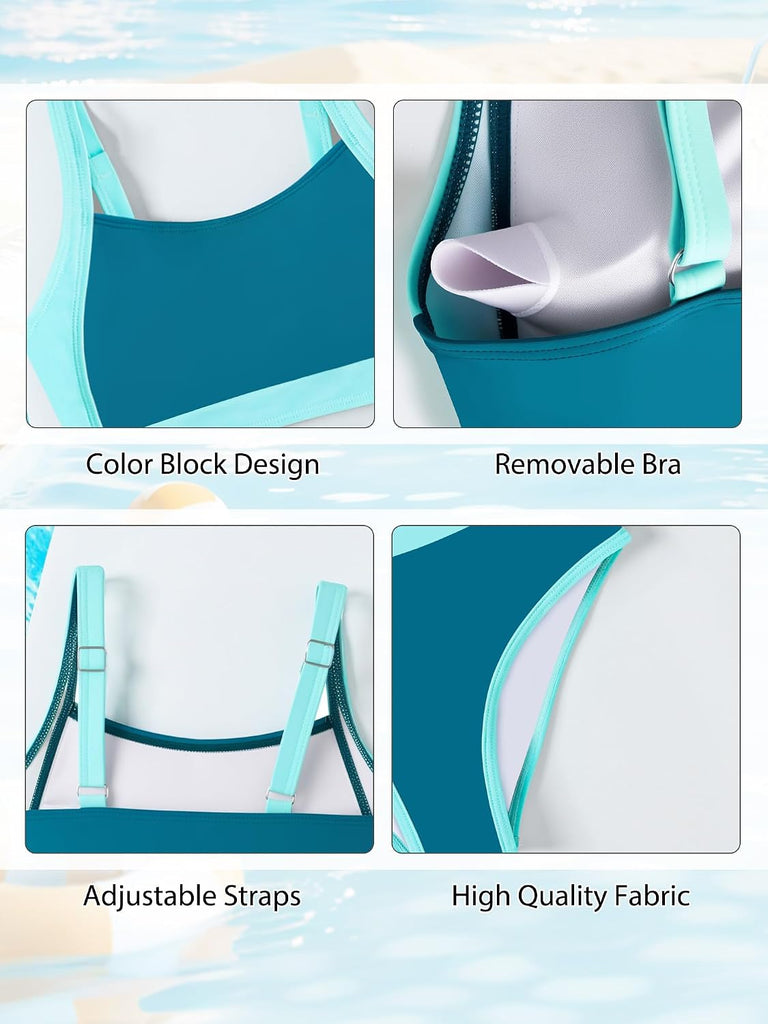 Girls Swimsuit Color Block Bikini Sets Adjustable Straps Two Piece Bathing Suit Swimwear for Teens