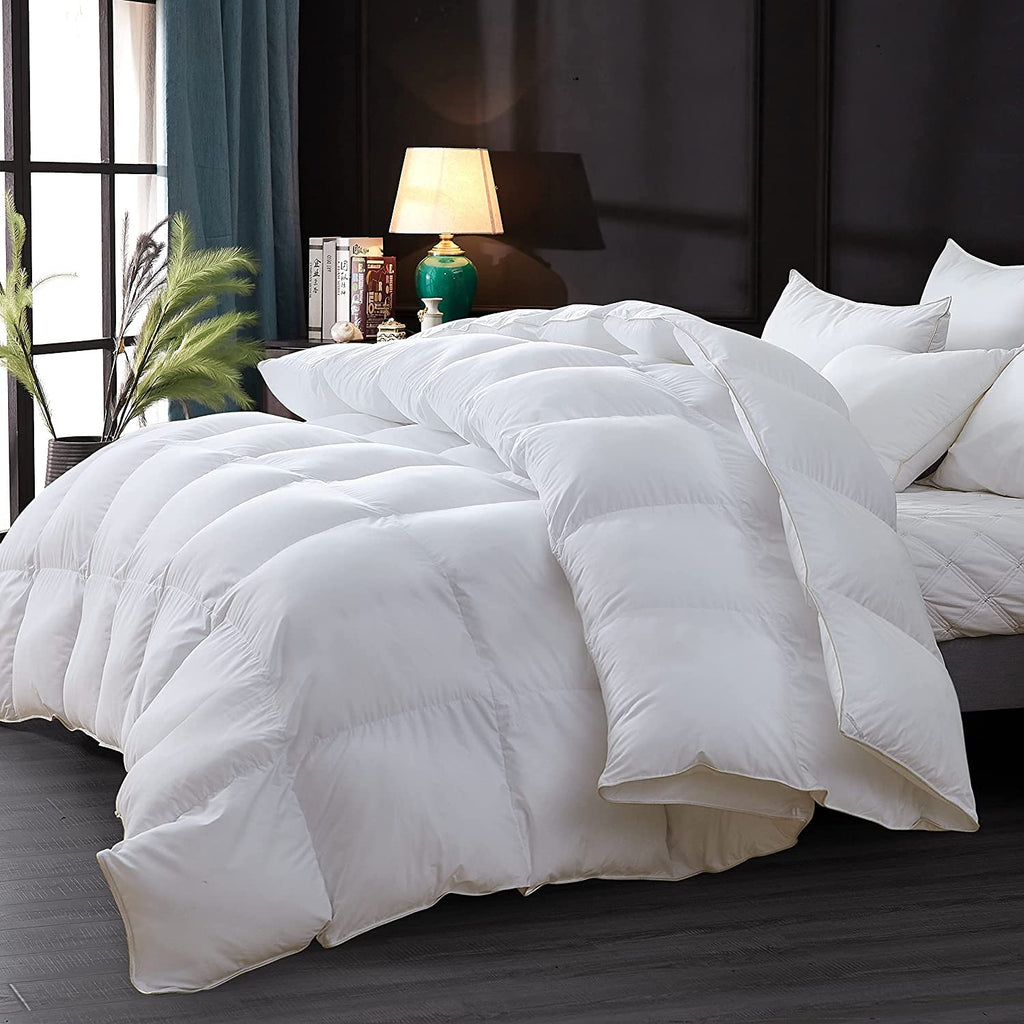 Luxurious Goose Down Feather Fiber Comforter Duvet Insert, Plain Solid Design, White 108 x 98, Premium Baffle Box