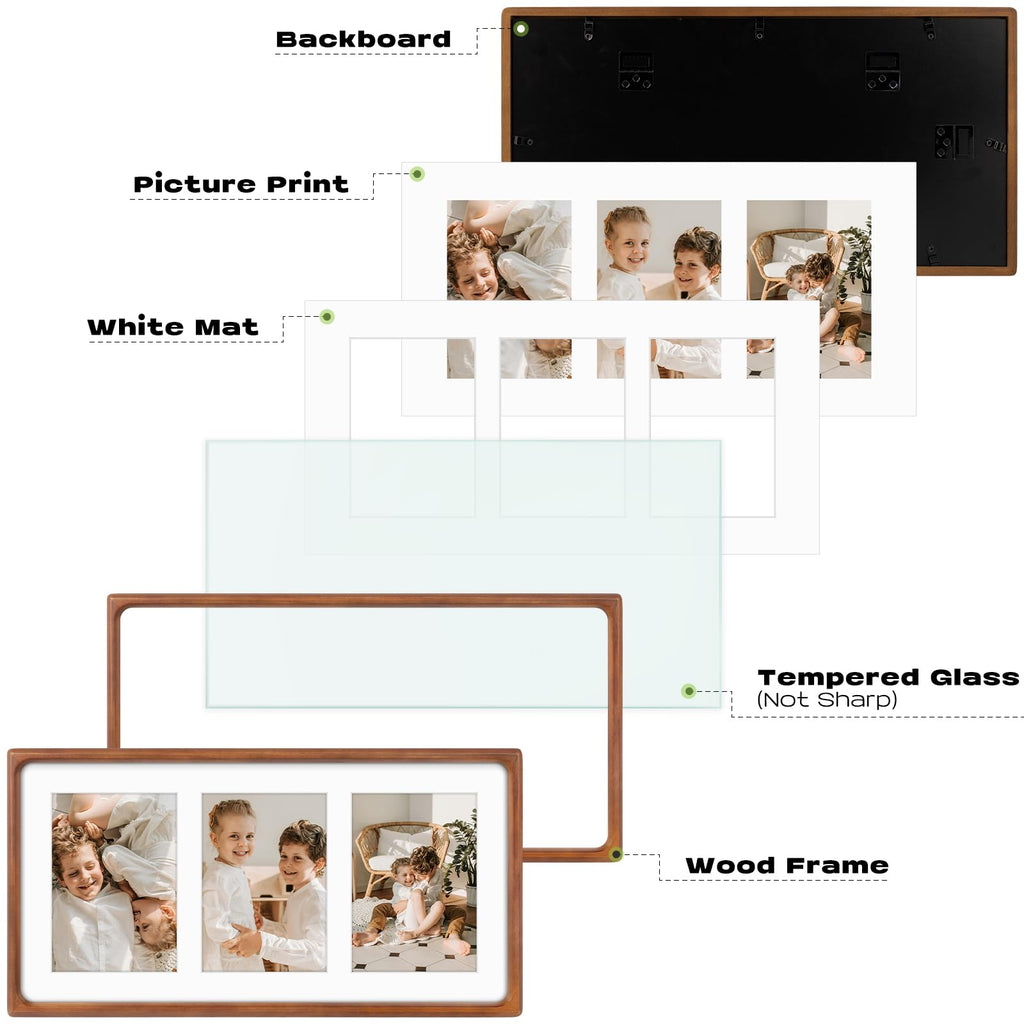 5x7 Collage Picture Frame, Solid Wood & Real Glass, 3 Photos