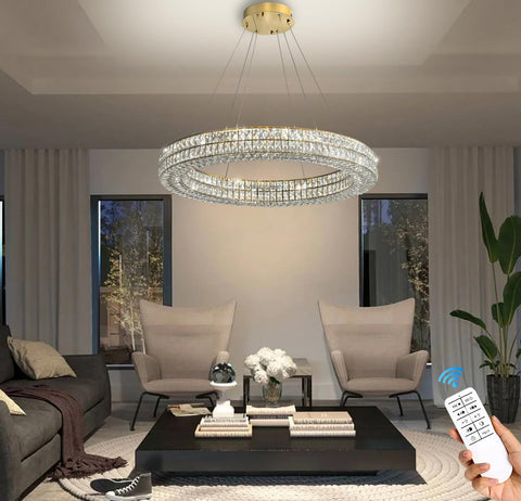 Led 32" Gold Ring Crystal Chandelier, Modern Chandeliers Lighting and Hanging Ring Adjustable, Stainless Steel Ceiling Light Fixture for Living Room Dining Room Bedroom A122-B0C4SZVN2K