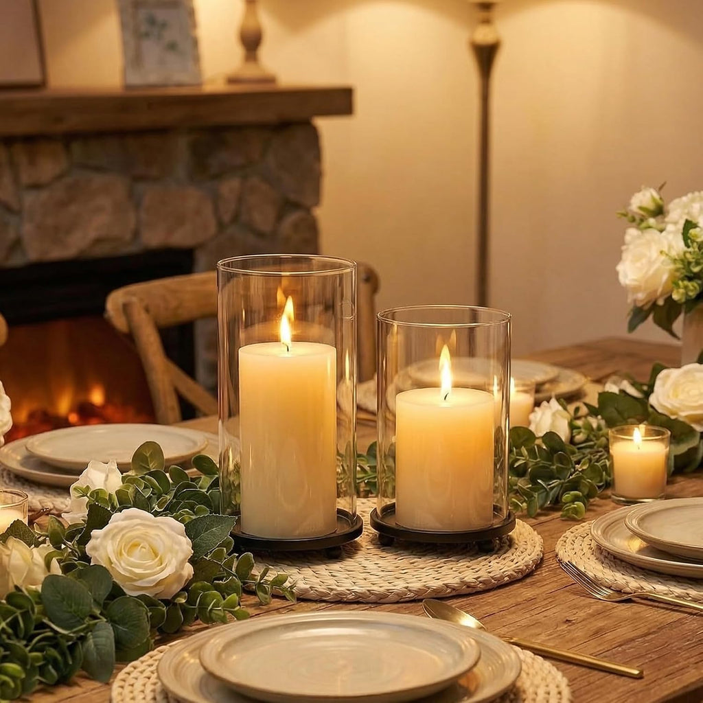 Hurricane Candle Holders Set of 2 - Pillar Candle Stands with Glass Sleeves for Fireplace Mantel & Dining Table