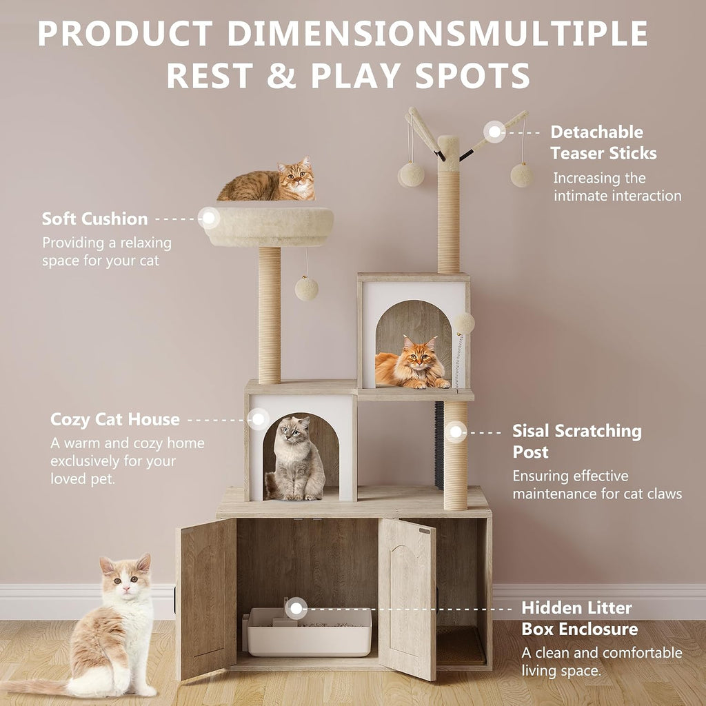 Cat Tree with Litter Box Enclosure All-in-One Cat Tower Cabinet Furniture