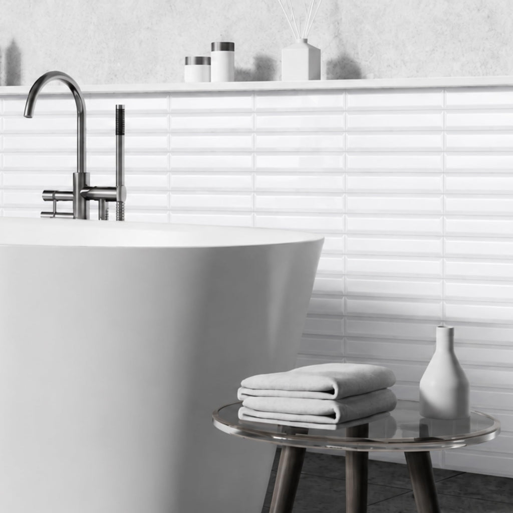 Ice White 6x6 Glossy Porcelain KitKat 3D Ribbed Wall Tile, Modern Nordic Textured Decorative Tile Backsplash