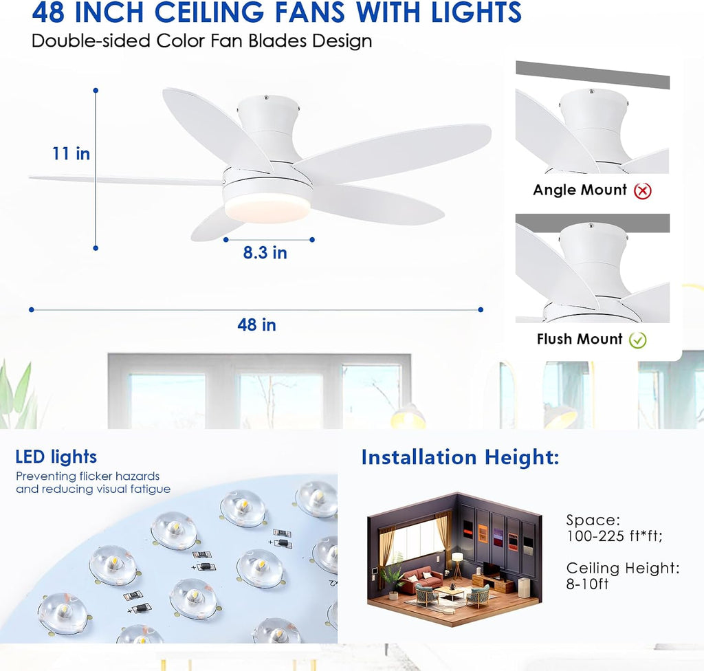 48 Inch Ceiling Fan with Light, White Flush Mount Ceiling Fan with Remote and APP Control, Dimmable and 6 Wind Speed, Modern Low Profile Fan Light for Bedroom, Covered Outdoor A101-B0DC6DDD5N