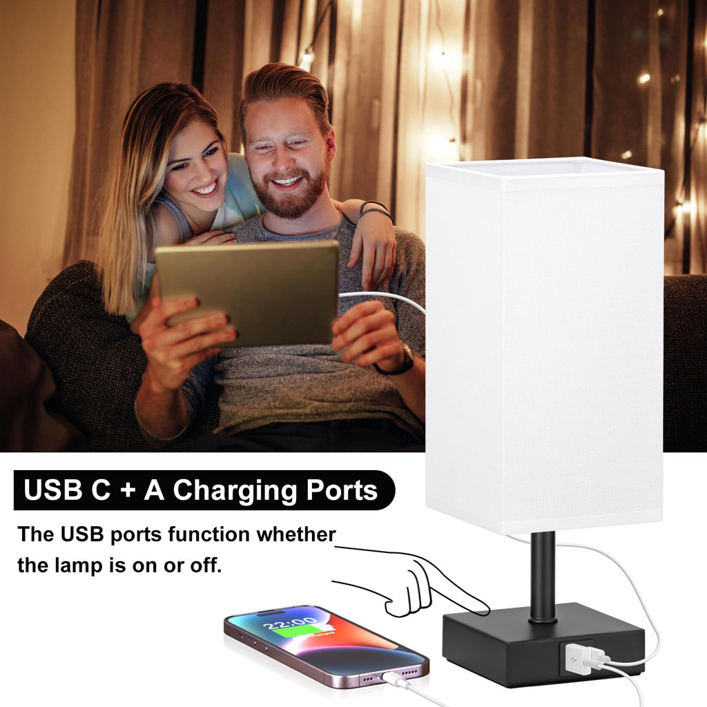 Touch Table Lamp - Dimmable, USB C+A, White Lamphade Black Base