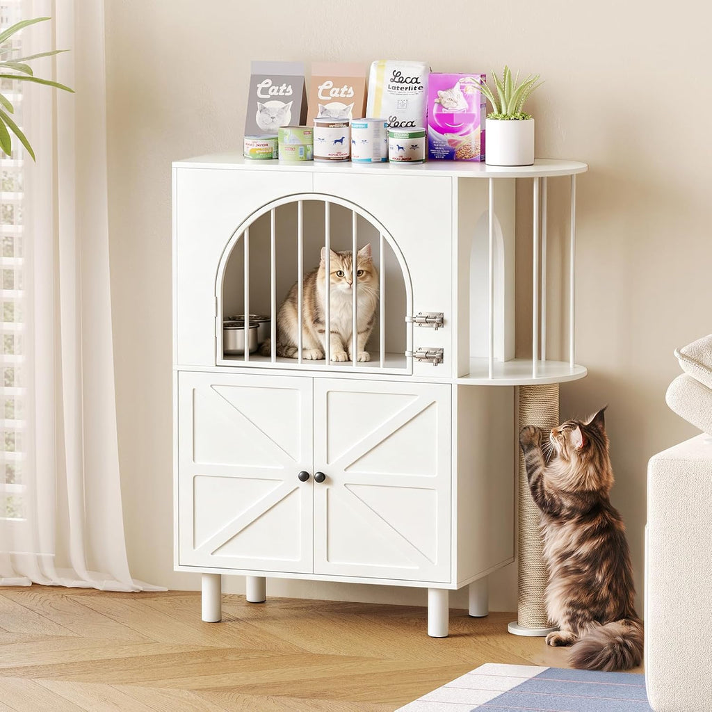 Dog Proof Cat Feeding Station with Scratching Post, Pet Food Storage, White