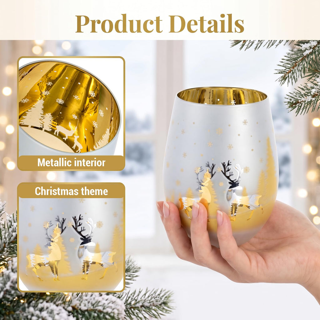 14 oz Christmas Stemless Holiday Wine Glasses with Frosted Winter Scene, Festive Glass Drinkware Cups for Xmas Party