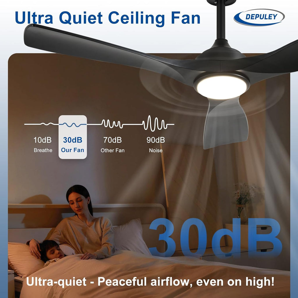 52-Inch Ceiling Fan with Light: Black 3 Blade Outdoor Fans for Patios - Dimmable Indoor Fan with Remote APP Control Ultra Quiet DC Motor Reversible 6 Speed Timer A101-B0DP6VN56W