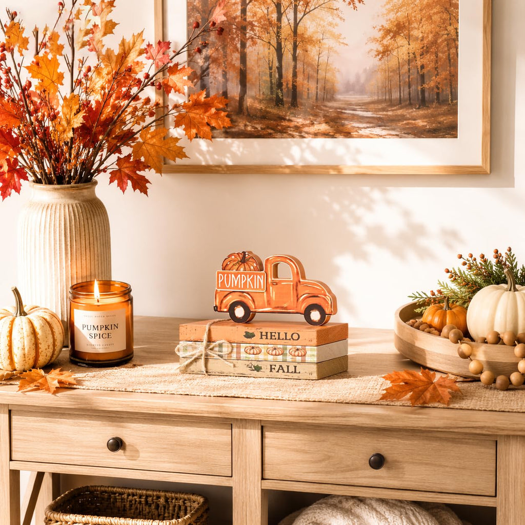 Smile Fall Wooden Decor Signs, Truck Pumpkin HELLO FALL PUMPKIN Tiered Tray Tabletop Signs for Autumn Harvest