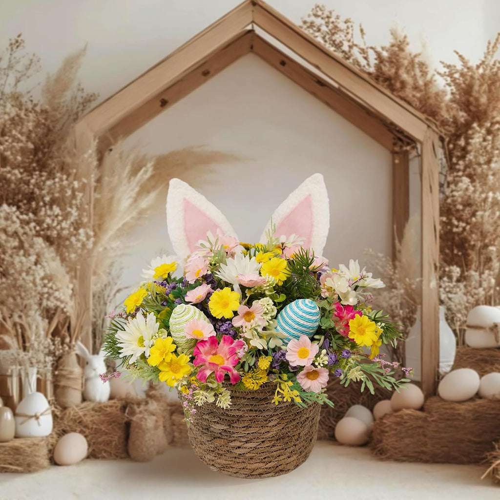 Easter Bunny Basket with Fluffy Bunny Ears - Spring Table Centerpiece with Woven Rattan Eggs & Flowers, Farmhouse