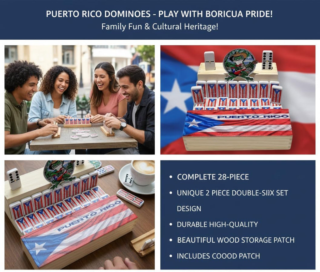 Puerto Rico Dominoes Set - Double Six Resin Tiles with Puerto Rican Flag - Classic Wooden Box Storage - Boricua