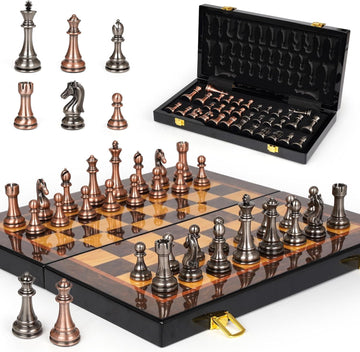 Luxury Metal Chess Set with 15 Inch Wooden Chess Board | Weighted Metal Chess Pieces | 2 Extra Queens | Professional