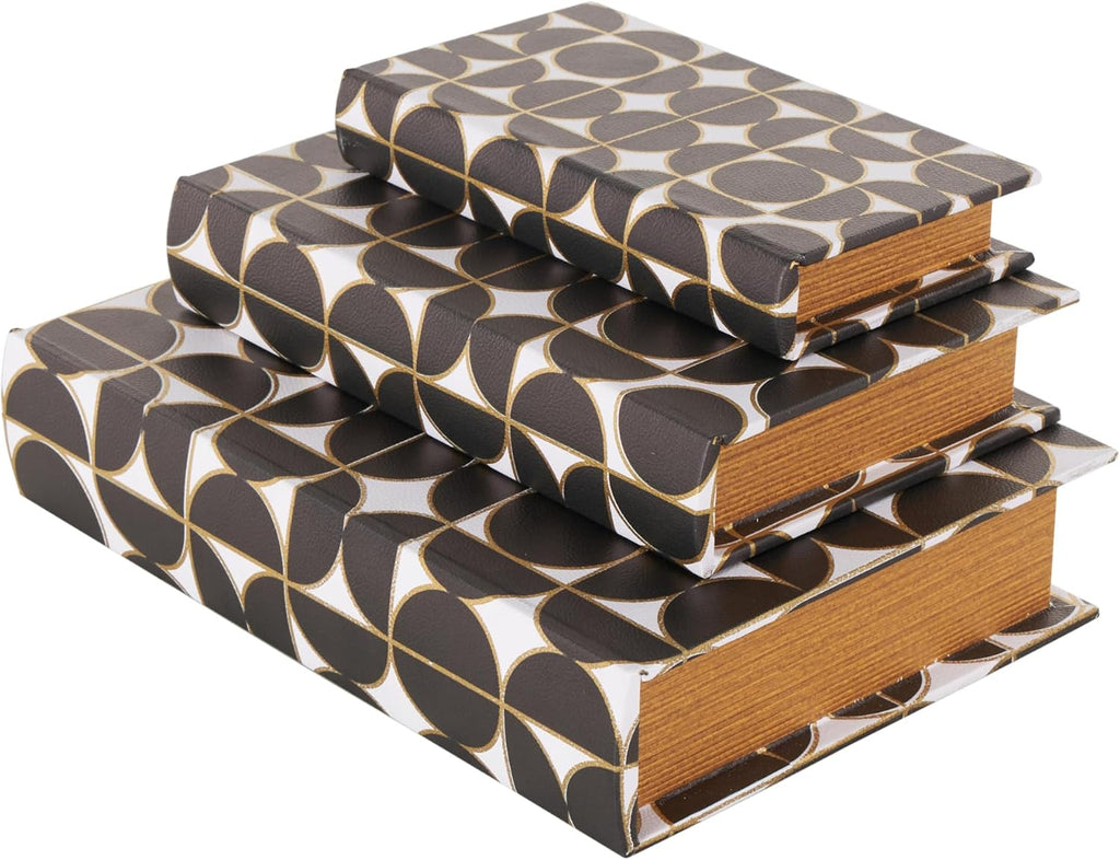 79 Faux Leather Decorative Box Faux Book Storage Book Shaped Boxes with White and Gold Geometric Patterns, Set of 3