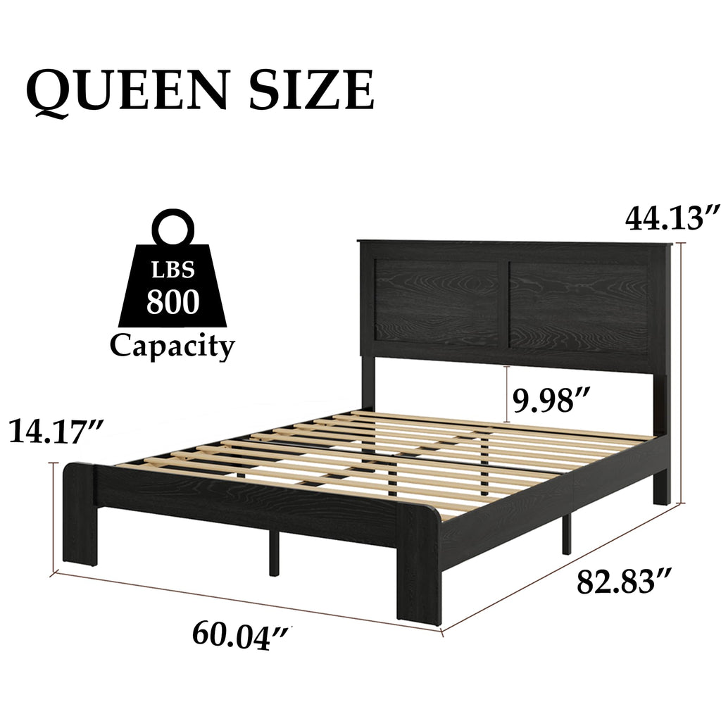 Wood Platform Bed Frame, Queen Size Bed Frame with Headboard, Black