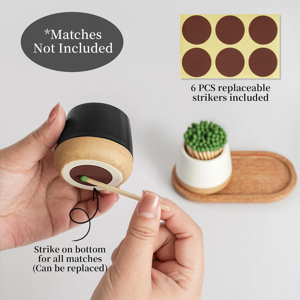 Ceramic Match Holder with Striker - Match Container With Wooden Tray Matchstick Holder Bathroom Candle - Set of 2