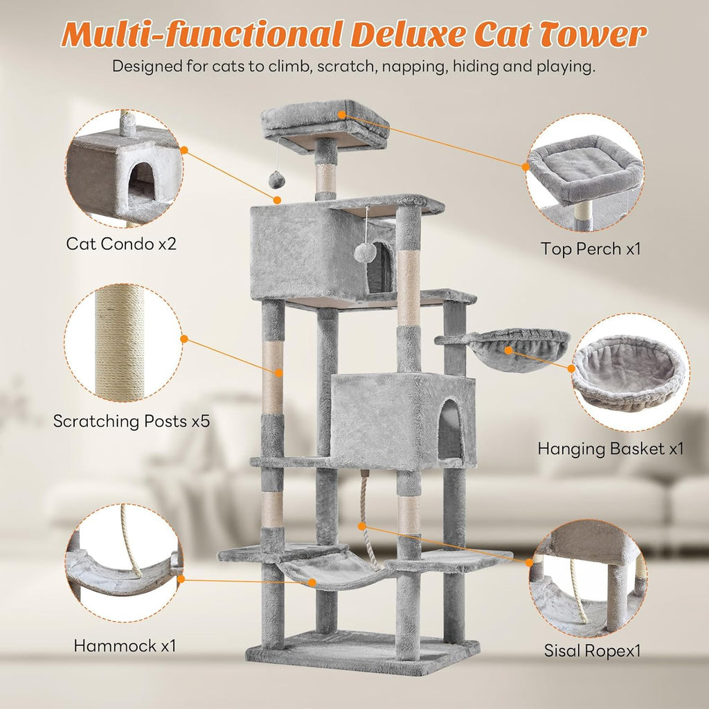 Large 66 Inch Cat Tree Tower with Sisal Scratching Post