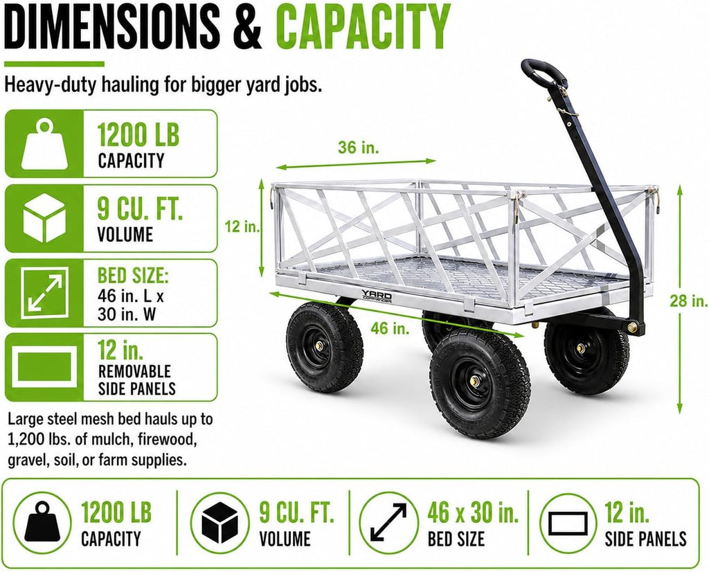 Heavy Duty 1200lb Steel All Terrain Utility Cart, Garden Wagon, 9 cu ft Bed, Easy Assembly, Removable Side Panels