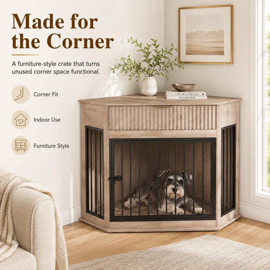 Corner Dog Crate Furniture with Fluted Drawer