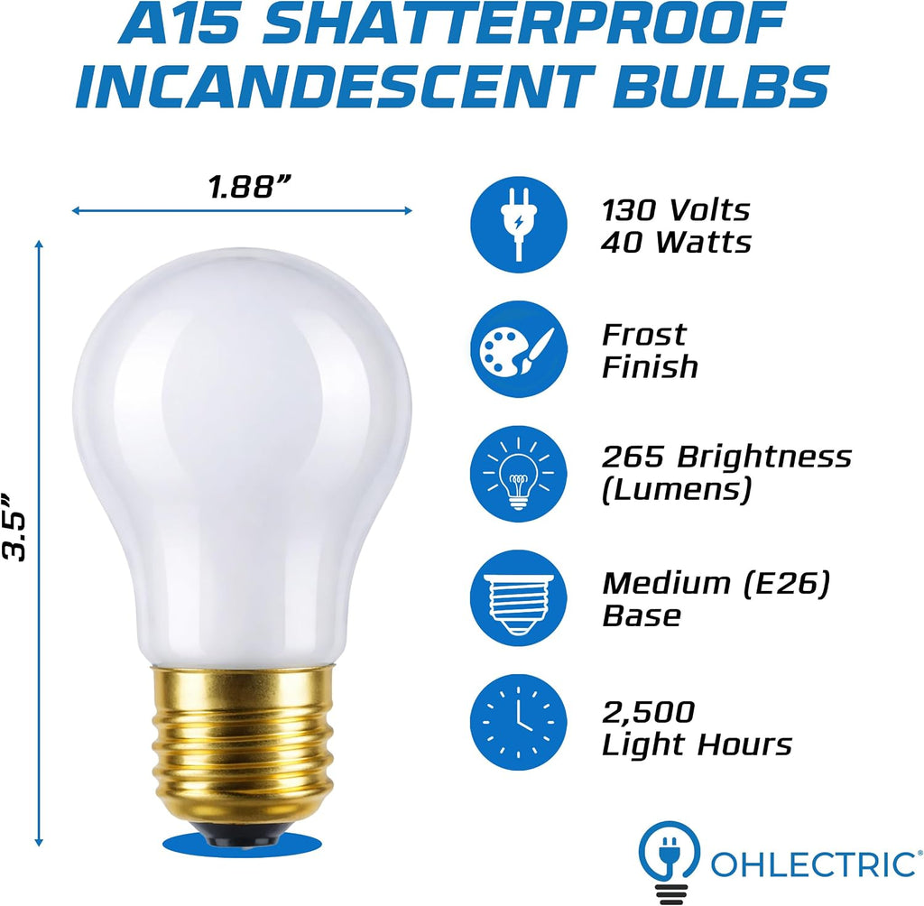 A15 Shatterproof Incandescent Bulbs 40 Watt (8-Pack) 40W Appliance Light Bulbs, E26 Medium Base, Frosted, Shatter