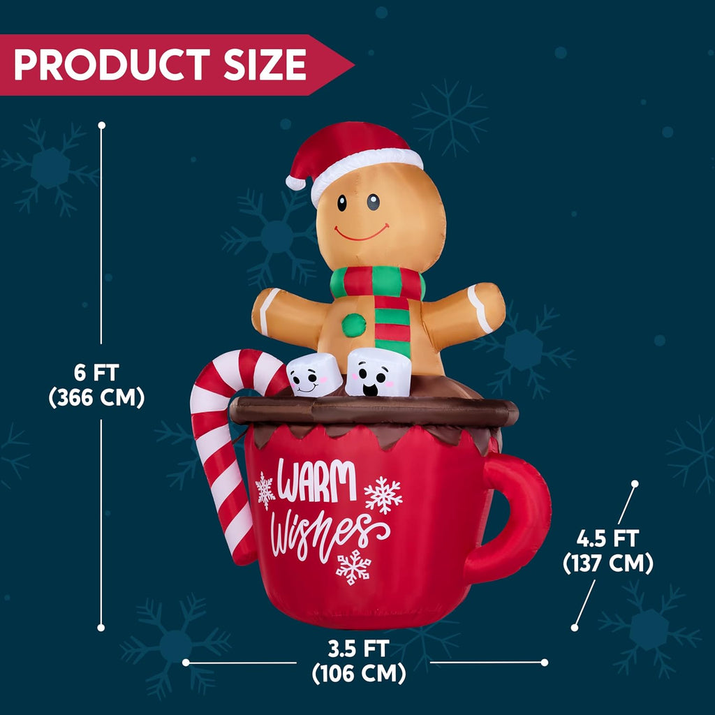 6 FT Christmas Inflatables Gingerbread Outdoor Decorations, Gingerbread Man in Hot Cocoa Mug with LEDs, Cute