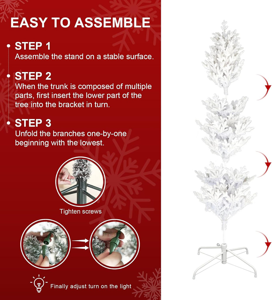 Prelit Artificial Christmas Tree, Slim Flocked Christmas Tree Elegant White Frostfall Fir with 1,486 Tips, 360