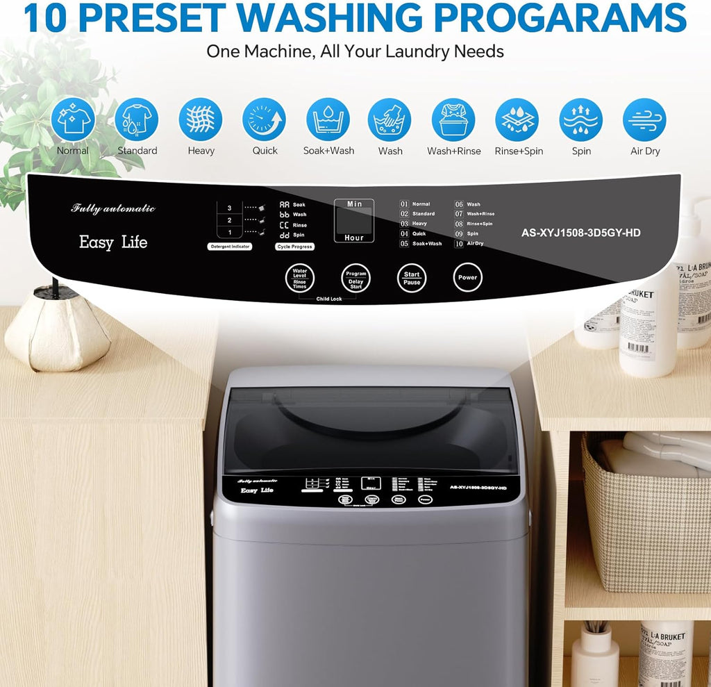Portable Washing Machine, 7.7 lbs Full-Automatic Compact Laundry Washer, Stainless Steel Drum, 10 Wash Cycles