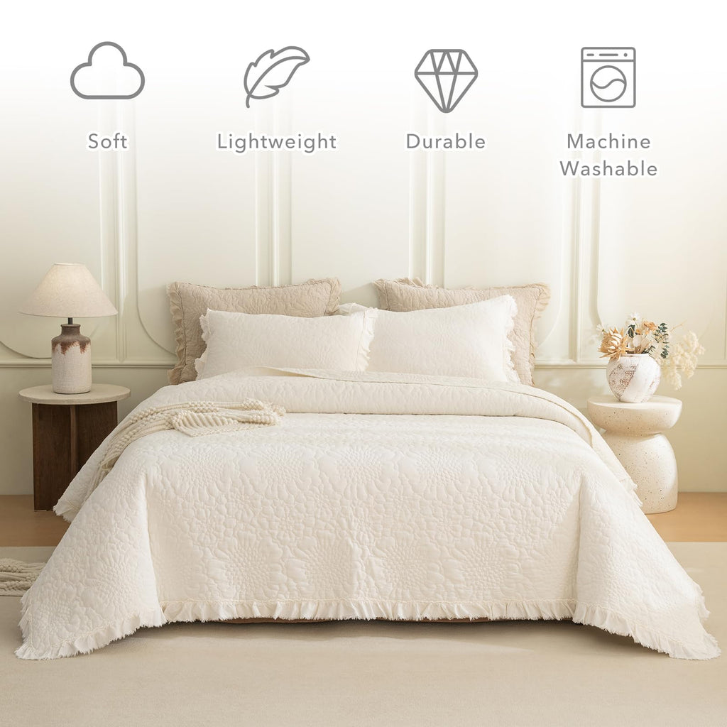 Milk White Stonewashed Cotton Oversized King Quilt Bedspread Set(128"x120"), 3PCs Farmhouse Ruffled Bedspread