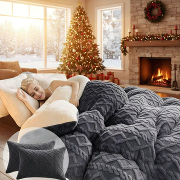 Tufted Sherpa Comforter Set, Reversible Fuzzy Plush Warm Winter Bedding Set, Dark Gray - 104" x 90"