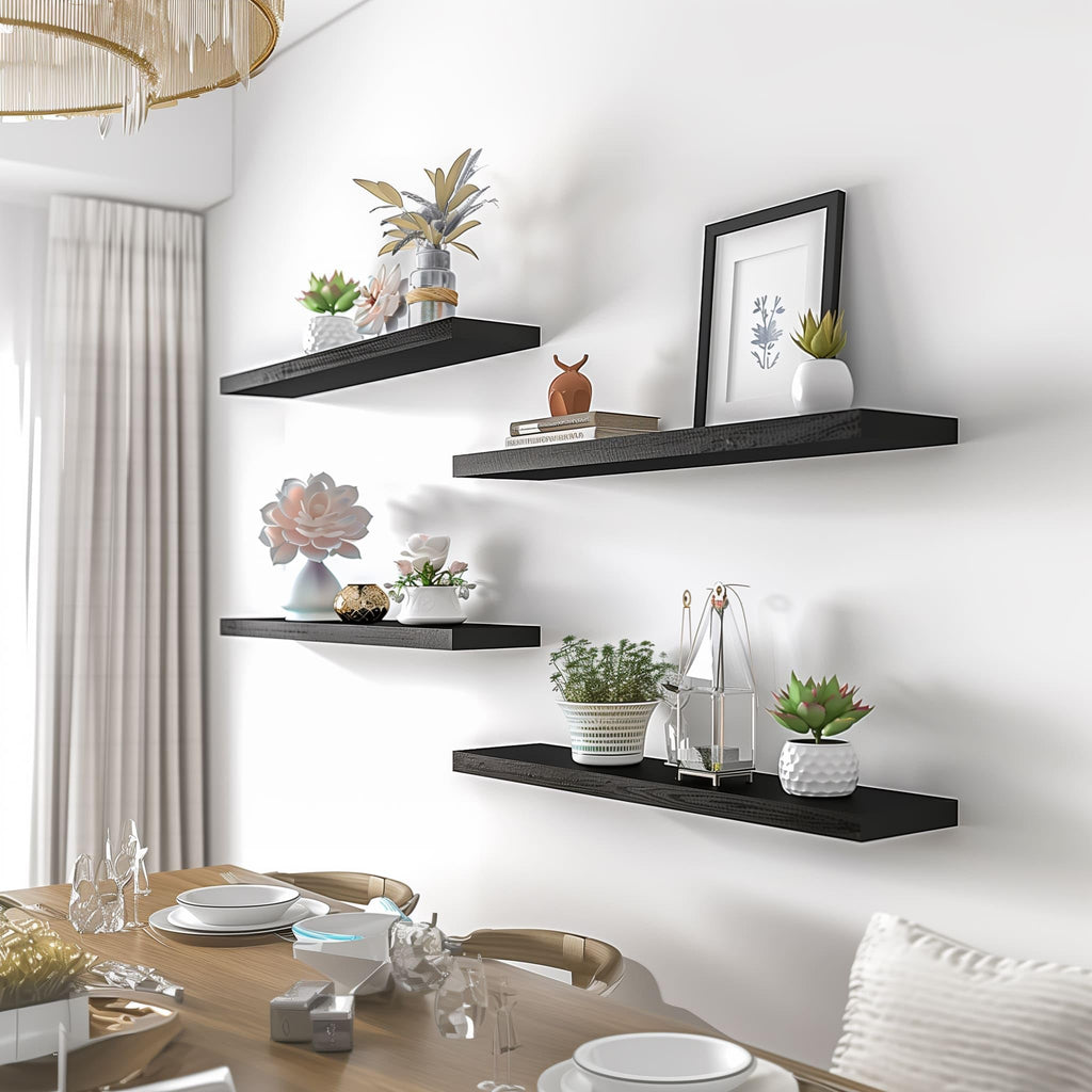 24 Inch Black Wood Floating Shelves for Wall Rustic Wall Shelf Living Room Set of 4