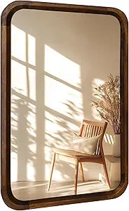 Wood Bathroom Mirror for Wall,Rectangle 20 x 30 Inch Hanging Vanity Brown Tempered Mirrors with Rounded Corner (Walnut,
