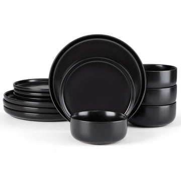 Stoneware Dinnerware Sets for 4, 12-Piece Plates and Bowls Set, Modern Ceramic Dishes Dinning Ware, Microwave &