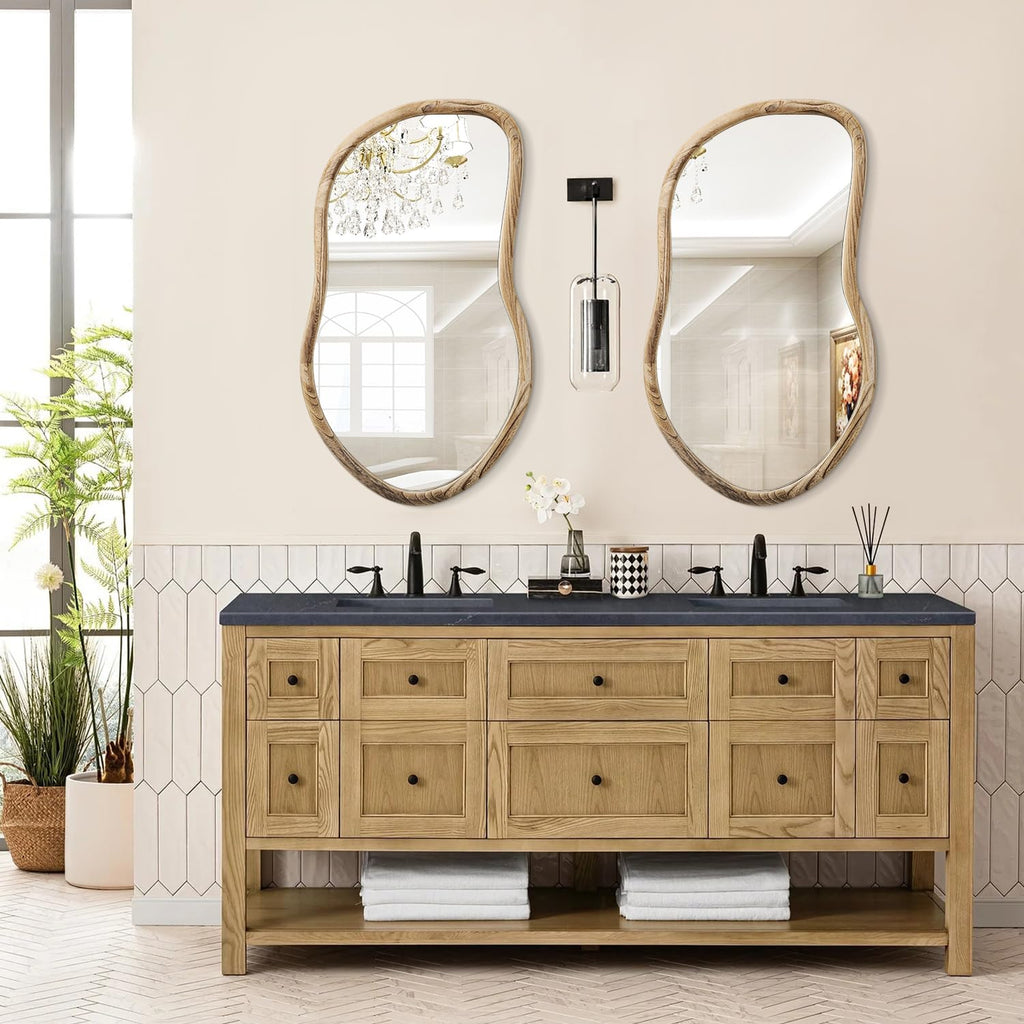 Irregular Wall Mirror Wood Asymmetrical Mirror Large Bathroom Vanity Mirrors Natural Wood Framed Abstract Mirrors for