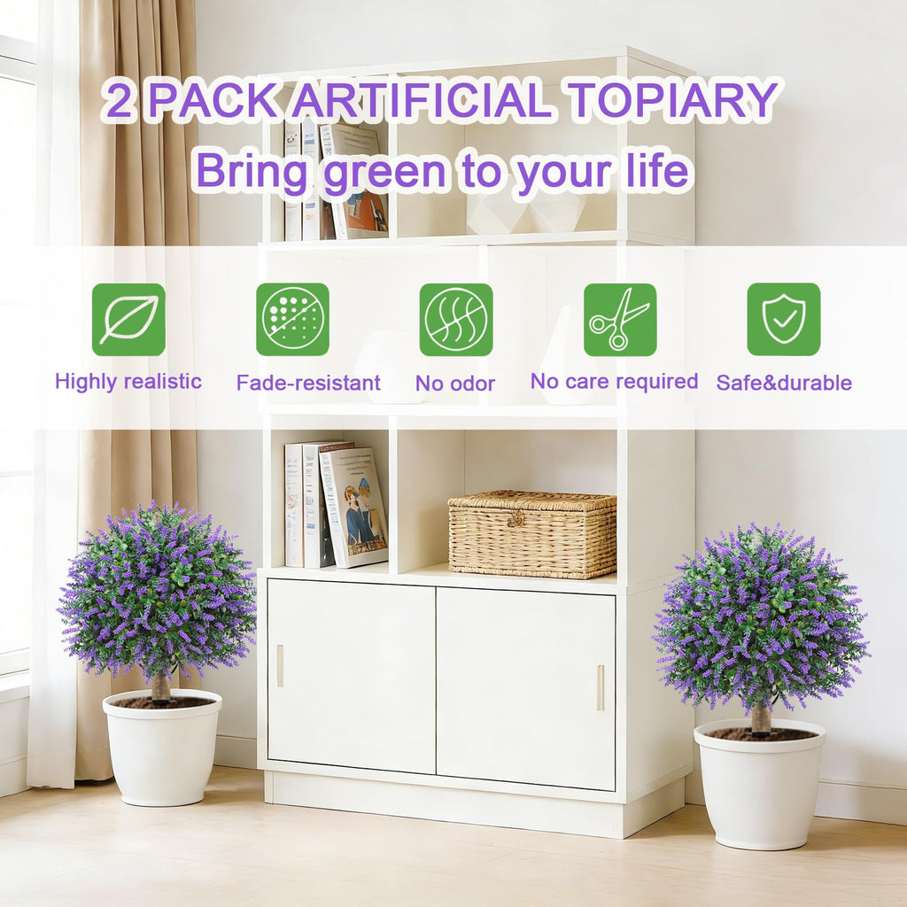 Artificial Lavender Topiary Ball Trees Outdoor, 2 Pack UV Resistant 24" Fake Plants with Grund Spike, Faux Shrubs
