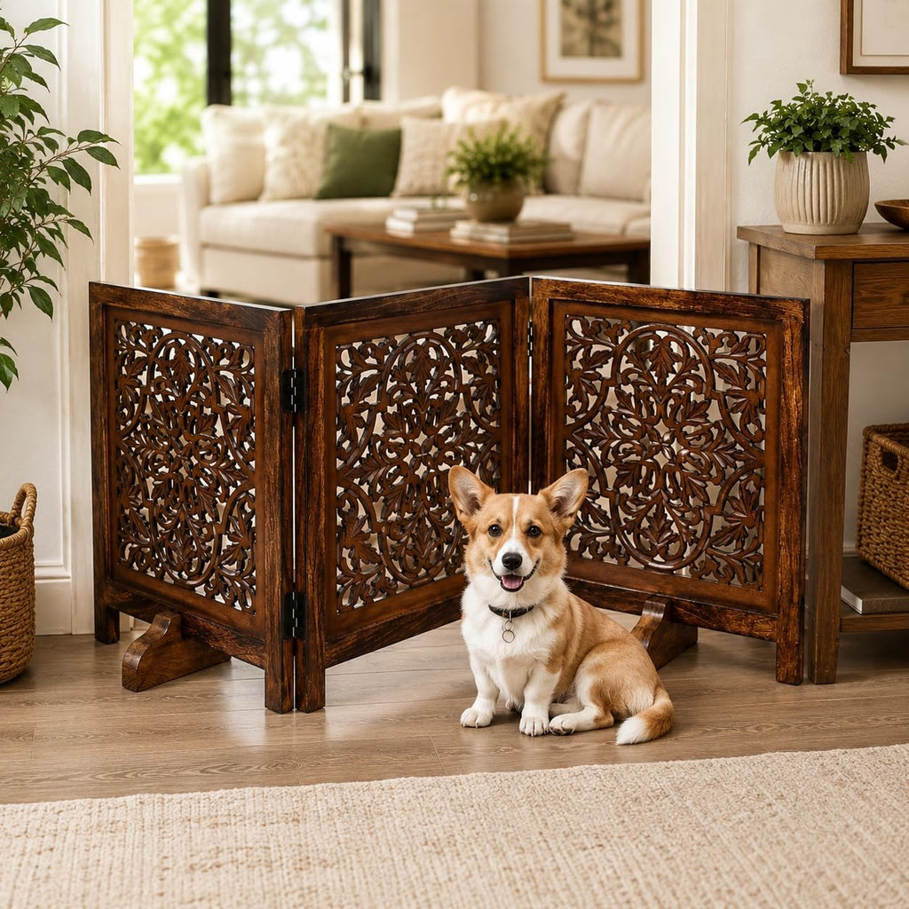 Dog Gate Freestanding 60x24, Burnt Daisy, Folding 3 Panel