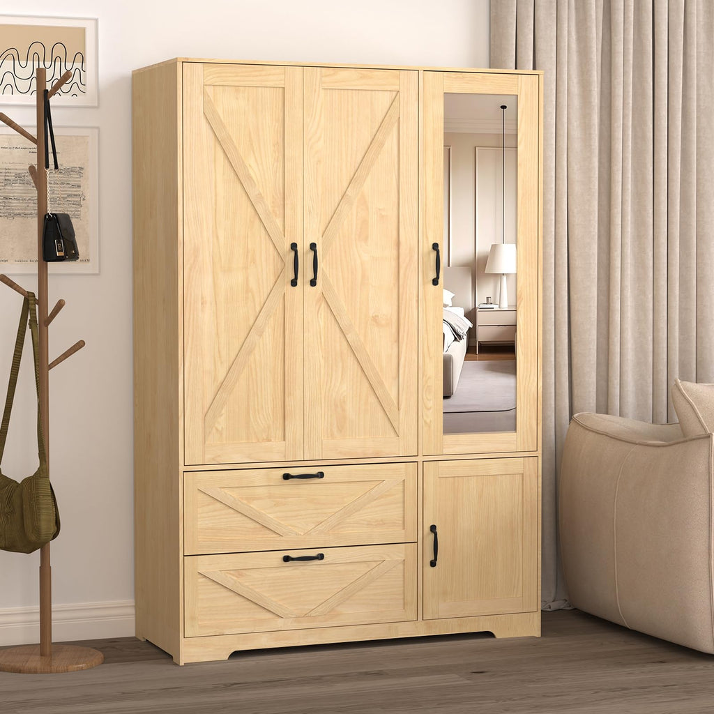 Armoire Wardrobe Closet with 3 Door, Bedroom Armoire with Mirror, LED Light, Hanging Rod, Drawers, Adjustable